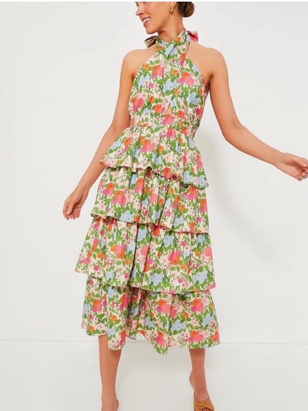Hyacinth House Tuckernuck Floral Halter Tiered Midi Dress - Green & Pink